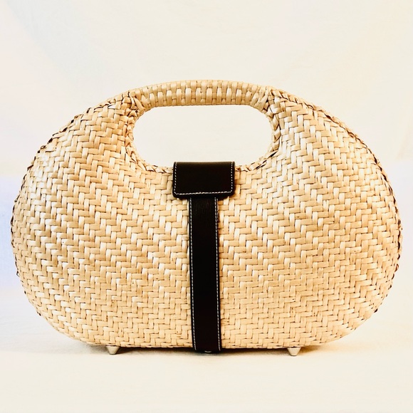 Rafe New York Woven Rattan Straw Handbag with Brown Leather Trim - Picture 4 of 12